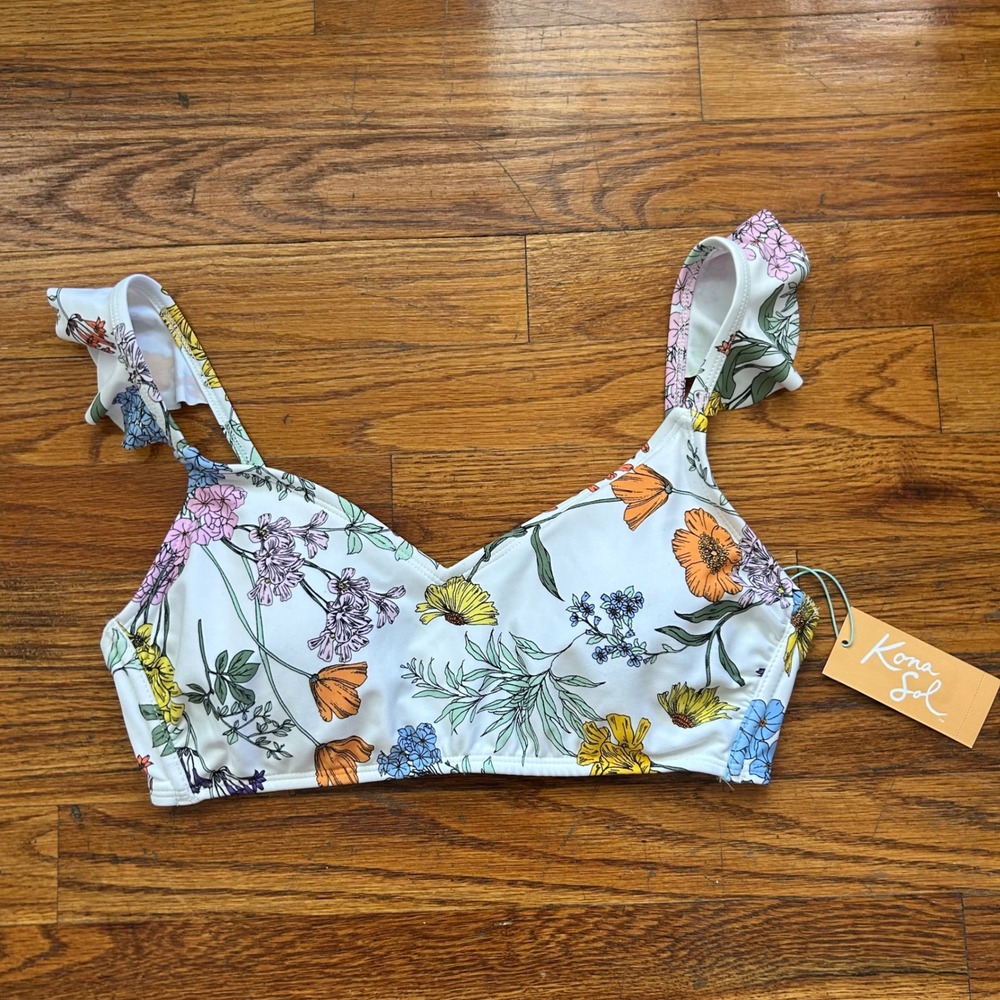 Kona Sol Whimsical Floral Print Bikini Swimsuit Top Ruffle Whimsy - S